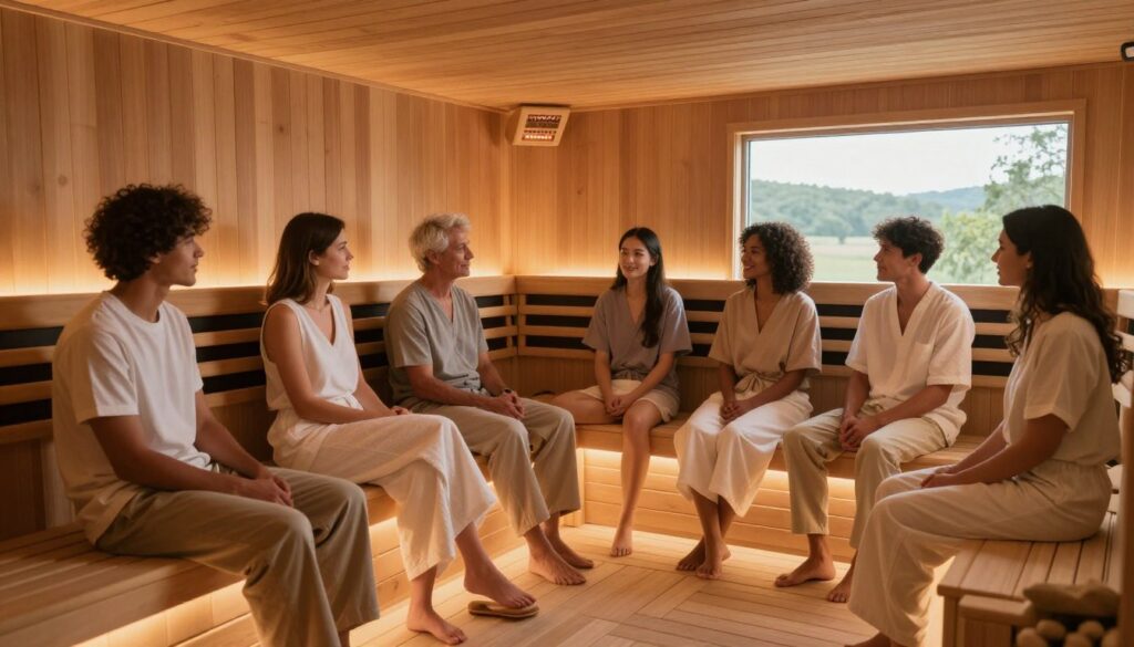 A serene, well-lit infrared sauna interior, showcasing wooden bench seating and glowing infrared heaters. In the foreground, a diverse group of individuals, all dressed in modest casual clothing, sits comfortably, sharing relaxed conversation. Each person's expression reflects a peaceful understanding of health and wellness. The middle ground features soothing ambient light reflecting off the wood, enhancing the tranquil atmosphere. In the background, a window reveals a natural landscape, suggesting an inviting connection to the outside world. The overall mood is calm and informative, designed to convey the importance of understanding contraindications for infrared sauna use. The image is captured in soft focus, emphasizing warmth and safety within a therapeutic setting.