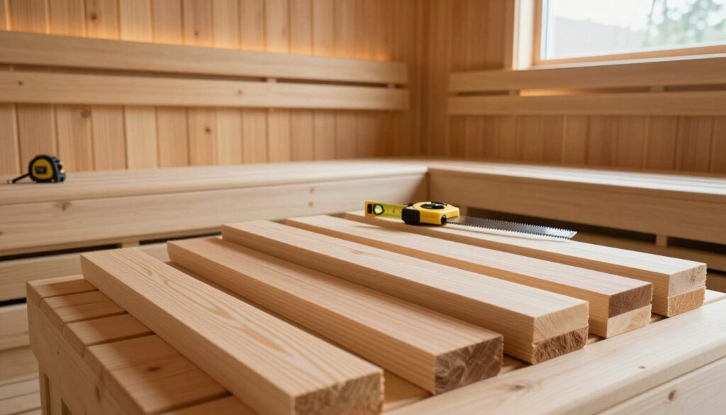 A serene, well-lit sauna construction space featuring a selection of high-quality materials ideal for building a home sauna. In the foreground, display neatly arranged wooden planks, including cedar and spruce, showcasing their distinct textures and grains. In the middle ground, include tools such as a measuring tape, saw, and level, hinting at an ongoing project. The background should feature partially assembled sauna walls, with warm light streaming in through a nearby window, creating a cozy atmosphere. Use a wide-angle perspective to encompass the entire scene while ensuring soft, natural lighting enhances the wooden materials, conveying a sense of tranquility and craftsmanship. A serene, well-lit sauna construction space featuring a selection of high-quality materials ideal for building a home sauna. In the foreground, display neatly arranged wooden planks, including cedar and spruce, showcasing their distinct textures and grains. In the middle ground, include tools such as a measuring tape, saw, and level, hinting at an ongoing project. The background should feature partially assembled sauna walls, with warm light streaming in through a nearby window, creating a cozy atmosphere. Use a wide-angle perspective to encompass the entire scene while ensuring soft, natural lighting enhances the wooden materials, conveying a sense of tranquility and craftsmanship.