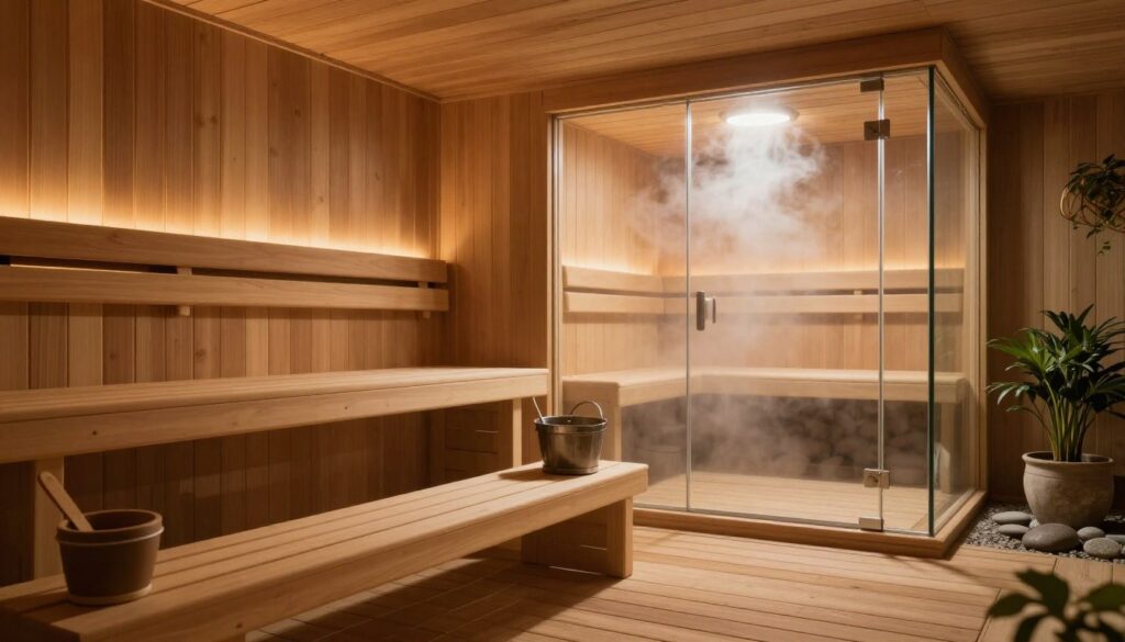 A serene wellness environment showcasing a comparison between a traditional dry sauna and a steam sauna. In the foreground, a spacious dry sauna made of warm wooden planks, featuring soft lighting that creates a cozy atmosphere. Include a wooden bench and a few sauna accessories like a ladle and a bucket. In the middle, a contrasting steam sauna, with smooth glass walls revealing a misty interior, softly illuminated by overhead lights that enhance its steam-filled ambiance. The background should contain elements of natural decor such as potted plants and stones to evoke a relaxing spa vibe. The scene should be warm and inviting, highlighting the unique characteristics of both sauna types. A soft focus with a slight vignette effect around the edges adds to the tranquil mood without any text or distractions.