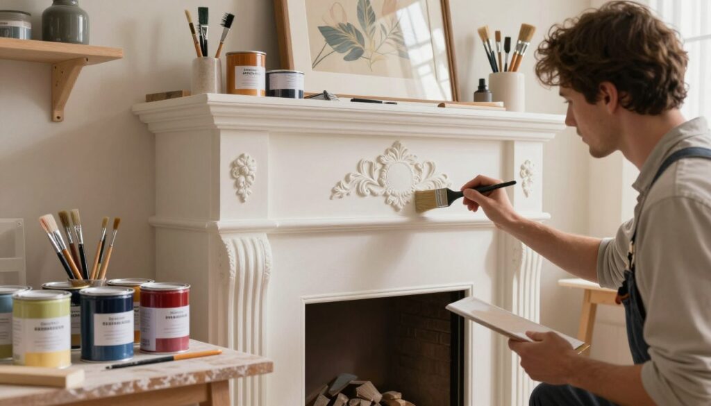 A skilled artisan demonstrating the step-by-step technique of painting a fireplace in a beautifully lit workshop. In the foreground, the artisan, dressed in modest work attire, carefully applies high-temperature resistant paint to an ornate fireplace, using a brush with precision. The middle layer showcases an array of paint cans labeled for heat resistance and brushes of various sizes, all neatly organized around the workspace. The background features soft, warm lighting filtering through a window, illuminating shelves adorned with painting tools and decorative art pieces. The atmosphere is creative and focused, conveying a sense of craftsmanship and dedication to the intricate art of fireplace painting. A skilled artisan demonstrating the step-by-step technique of painting a fireplace in a beautifully lit workshop. In the foreground, the artisan, dressed in modest work attire, carefully applies high-temperature resistant paint to an ornate fireplace, using a brush with precision. The middle layer showcases an array of paint cans labeled for heat resistance and brushes of various sizes, all neatly organized around the workspace. The background features soft, warm lighting filtering through a window, illuminating shelves adorned with painting tools and decorative art pieces. The atmosphere is creative and focused, conveying a sense of craftsmanship and dedication to the intricate art of fireplace painting.