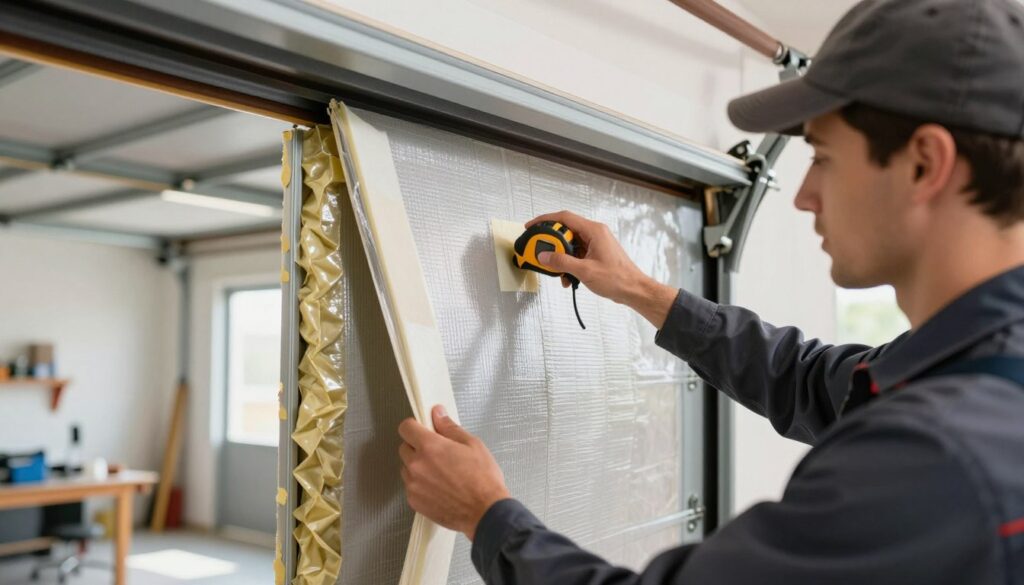 A skilled technician in professional attire, carefully installing thermal insulation panels on a garage door, demonstrating precise techniques for effective heat retention. In the foreground, focus on the technician's hands as they fit a panel, showcasing tools like a measuring tape and adhesive. The middle ground features the partially insulated garage door with visible insulation materials, highlighting their thickness and texture. The background reveals a bright, modern garage workspace with warm, natural lighting. The atmosphere conveys a sense of professionalism and meticulous attention to detail, emphasizing a practical and methodical approach to garage door insulation without interfering with the door's mechanism. The camera angle is slightly elevated, capturing the action and the context within the space. A skilled technician in professional attire, carefully installing thermal insulation panels on a garage door, demonstrating precise techniques for effective heat retention. In the foreground, focus on the technician's hands as they fit a panel, showcasing tools like a measuring tape and adhesive. The middle ground features the partially insulated garage door with visible insulation materials, highlighting their thickness and texture. The background reveals a bright, modern garage workspace with warm, natural lighting. The atmosphere conveys a sense of professionalism and meticulous attention to detail, emphasizing a practical and methodical approach to garage door insulation without interfering with the door's mechanism. The camera angle is slightly elevated, capturing the action and the context within the space.