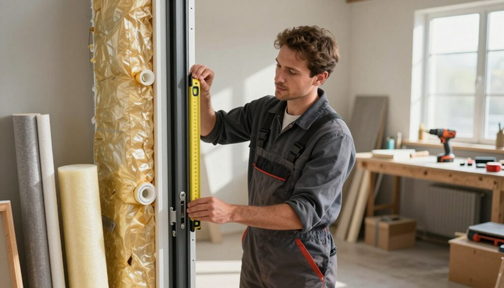 A skilled technician in professional attire is carefully installing an exterior door in a well-lit workshop. The foreground features a close-up of the door frame with various insulation materials, such as weather stripping and foam sealant neatly arrayed. In the middle ground, the technician is holding a level tool to ensure proper alignment while checking measurements, embodying precision and expertise. The background showcases a clean and organized workspace with tools, such as a drill and a measuring tape, enhancing the focus on the installation process. Natural light filters through a nearby window, casting soft shadows that add depth and warmth to the scene. The overall mood conveys professionalism and diligence, highlighting the importance of proper assembly for effective insulation.