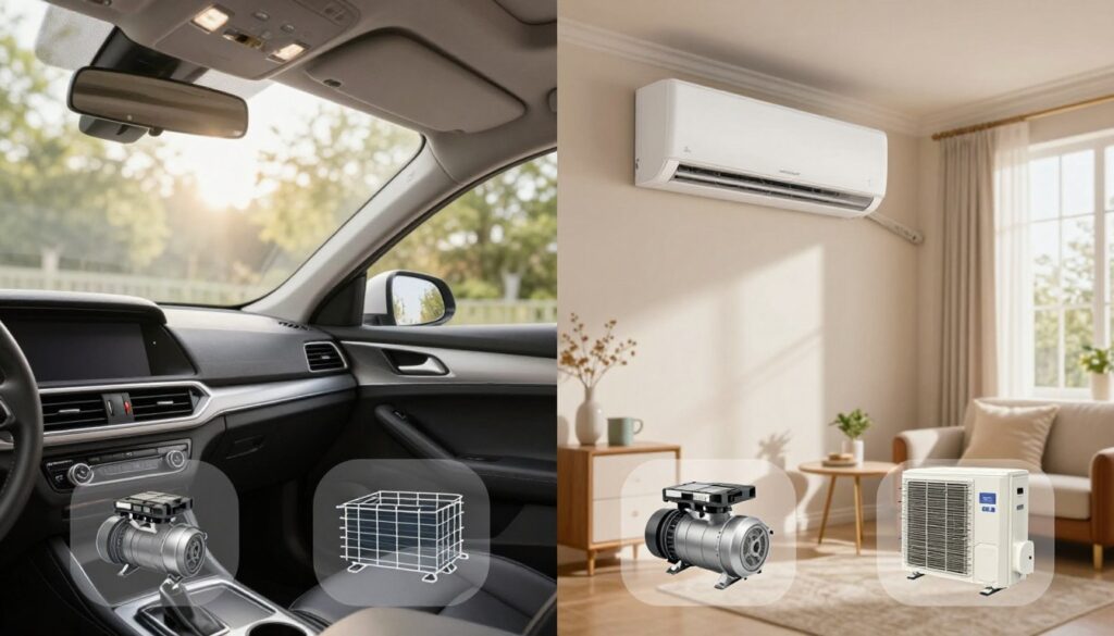 A split image demonstrating the differences between car air conditioning and home air conditioning systems. On the left, a car interior showcasing a modern dashboard with a visible air conditioning control panel, a sleek car seat, and sunlight filtering through tinted windows. On the right, a cozy living room featuring a home air conditioning unit mounted on the wall, elegant furniture, and natural light coming from a window adorned with curtains. The foreground should have subtle technical illustrations of the components for both systems, such as compressor and evaporator diagrams. Use soft lighting for a comfortable atmosphere, with a slight fisheye lens effect to emphasize the contrasting spaces. The mood is informative and engaging, ideal for a technical comparison. A split image demonstrating the differences between car air conditioning and home air conditioning systems. On the left, a car interior showcasing a modern dashboard with a visible air conditioning control panel, a sleek car seat, and sunlight filtering through tinted windows. On the right, a cozy living room featuring a home air conditioning unit mounted on the wall, elegant furniture, and natural light coming from a window adorned with curtains. The foreground should have subtle technical illustrations of the components for both systems, such as compressor and evaporator diagrams. Use soft lighting for a comfortable atmosphere, with a slight fisheye lens effect to emphasize the contrasting spaces. The mood is informative and engaging, ideal for a technical comparison.