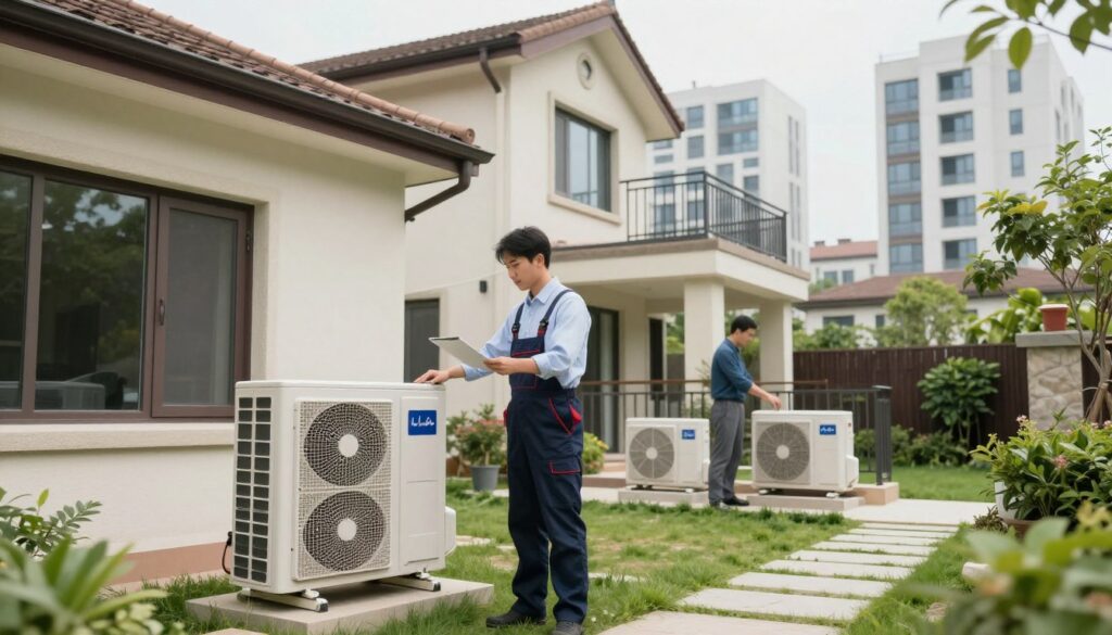A split scene illustrating the differences in air conditioning installation pricing between a single-family home and an apartment in a block. In the foreground, depict a professional technician in business attire inspecting the outdoor unit of a house, highlighting spacious surroundings with a well-maintained garden. In the middle, show an apartment balcony with a compact air conditioning unit, where a different technician in casual attire is assessing the installation. The background showcases contrasting architectural elements: a traditional, larger house versus a modern, high-rise building. Soft, natural lighting creates a welcoming atmosphere, reflecting the balance of comfort and professionalism in HVAC installations. Use a medium-angle perspective to enhance depth and clarity.