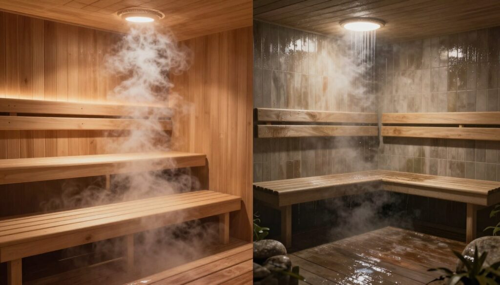 A split-view illustration comparing a steam sauna and a wet sauna, with distinct features highlighted. In the foreground, the steam sauna should showcase soft, humid air with minimal visibility, wooden benches, and steam rising gently. The lighting is warm and ethereal, promoting a serene atmosphere. In contrast, the wet sauna scene should exhibit a slightly darker, more reflective environment, featuring tiled walls and visible moisture with bright, focused lighting illuminating the space. The background includes soft shadows and hints of plants or stones to enhance relaxation themes. Overall, the mood is tranquil and rejuvenating, emphasizing the differences while maintaining a harmonious aesthetic that captivates the viewer's interest. No humans present, ensuring a purely architectural focus.