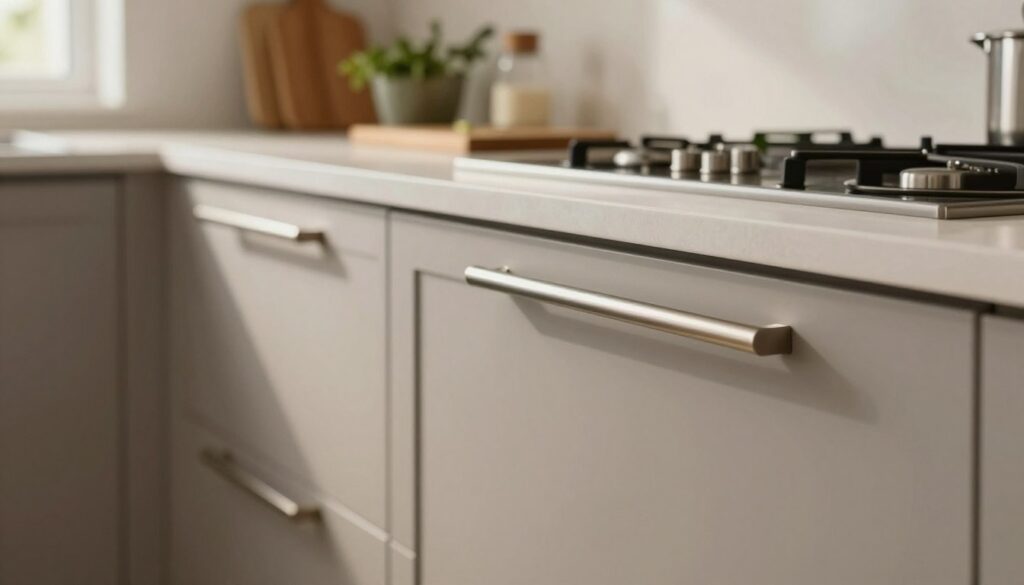 A stylish kitchen interior showcasing long, modern cabinet handles as both decorative and functional elements. In the foreground, focus on sleek, elongated handles with a brushed metal finish, subtly reflecting light. The middle ground features minimalist kitchen cabinetry in a muted color palette, emphasizing the handles' design. In the background, a soft-lit countertop with culinary elements like a cutting board and herbs adds warmth. Use natural light streaming through a window to create a cozy yet sophisticated atmosphere. The angle should be slightly elevated, capturing the handles' details while showcasing their integration within the kitchen. The mood is contemporary and inviting, perfect for illustrating the balance of aesthetics and practicality in kitchen design.
