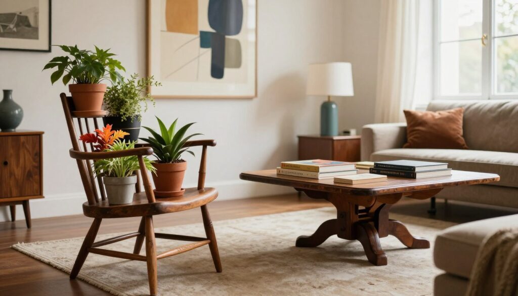 A stylish modern living room featuring unique and unusual uses of antique furniture. In the foreground, a vintage wooden chair transformed into a quirky plant stand adorned with colorful potted plants. In the middle ground, a polished antique coffee table holding contemporary art books and a sleek modern lamp, blending old and new styles. The background showcases a wall adorned with abstract art and a large window letting in warm, natural light that enhances the inviting atmosphere. The mood is creative and harmonious, illustrating a seamless blend of rustic charm and modern elegance. The image should have a soft focus with a slight vignette effect, emphasizing the fusion of vintage and contemporary design elements.