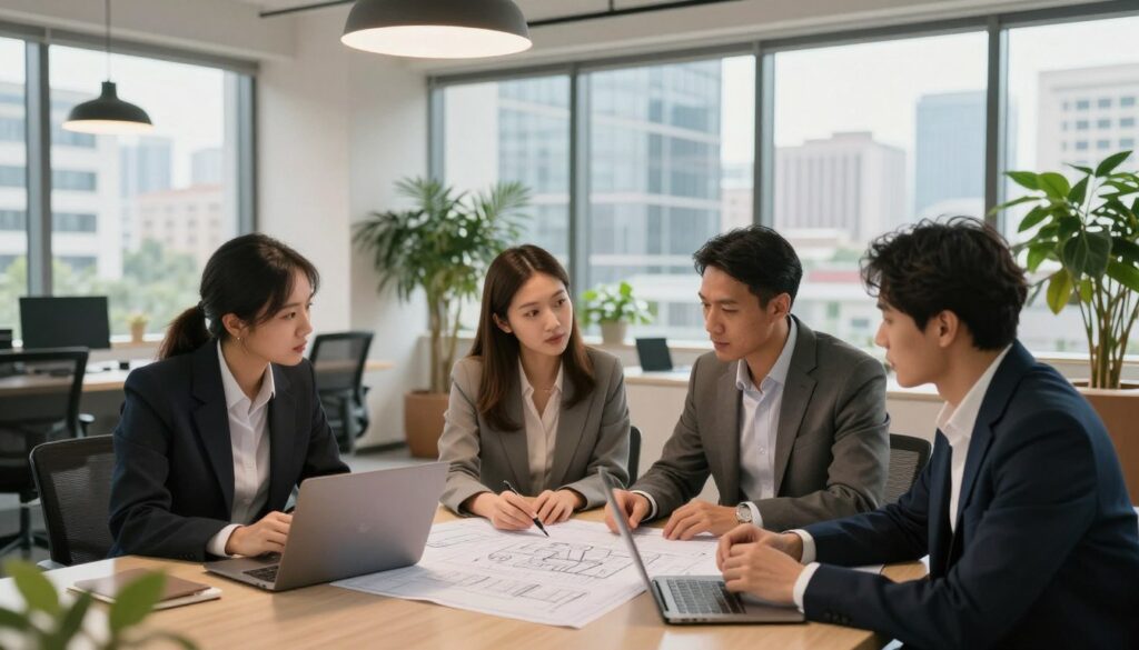 A stylish, modern property office with a focus on good real estate practices. In the foreground, a diverse group of three real estate professionals in smart business attire seriously discussing plans over a table with blueprints and laptops. In the middle ground, an elegantly designed space featuring large windows that let in warm natural light, showcasing a well-organized office environment with plants for a touch of greenery. The background displays a contemporary cityscape viewed through the windows, suggesting a vibrant real estate market. The atmosphere is professional and collaborative, suggesting optimism and proactive engagement in property management practices. Utilize soft, diffused lighting to elevate the mood and create a welcoming ambiance.