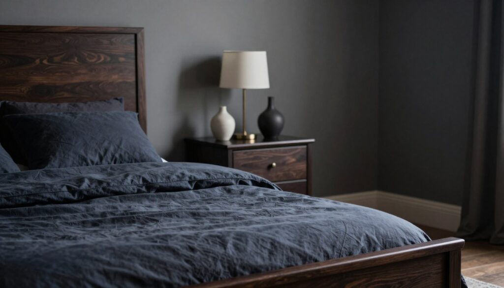 A stylish monochromatic interior featuring deep-hued furniture in a serene bedroom setting. In the foreground, showcase a beautifully crafted dark wood bedframe adorned with plush, textured bedding in rich charcoal and midnight blue tones. The middle section displays a pair of elegant nightstands holding subtle decorative elements like minimalistic lamps and simple vases. In the background, walls painted in an anthracite gray enhance the depth of the room, while soft ambient lighting creates a warm and inviting atmosphere. Use a shallow depth of field to highlight the intricate textures of the furniture, with a soft-focus effect on the background, evoking a cozy and sophisticated feel throughout the space.