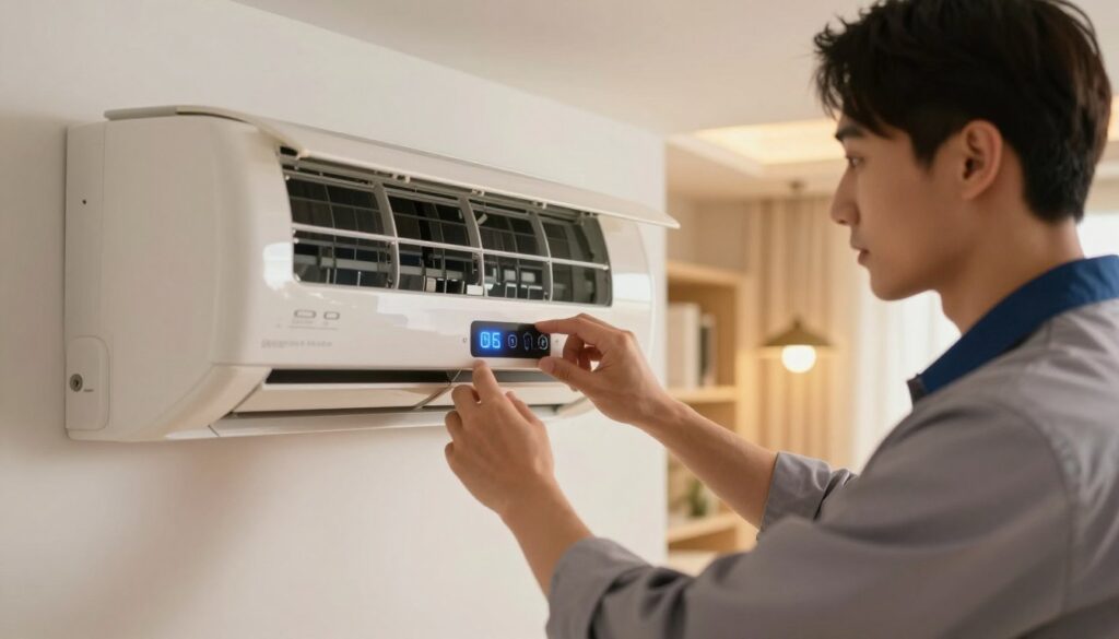 A technician in professional attire is carefully preparing an air conditioning unit for heating mode in a well-lit room. The foreground features the technician adjusting the settings on the digital control panel of the air conditioner. In the middle ground, the air conditioner itself is visible, showcasing detailed components like the thermostat and vents. The background reveals a cozy, modern living space with warm lighting and minimalistic decor, emphasizing the atmosphere of comfort. Soft, diffused light enhances the scene, creating a warm and inviting mood, while a slight focus blur on the background adds depth. The angle captures the technician's concentration and expertise, illustrating the process of optimizing the air conditioner's heating function.