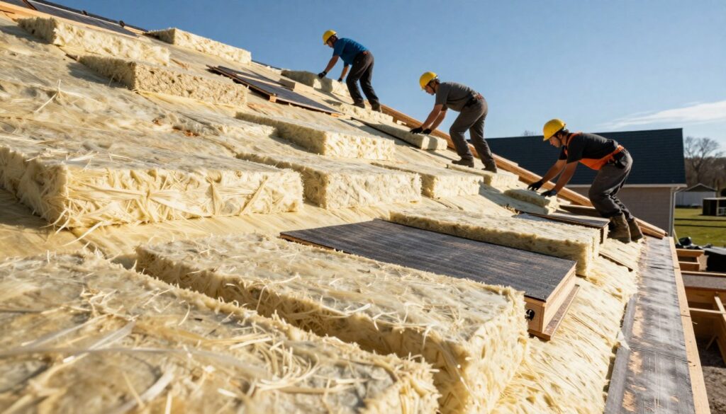 A top-down view of a house under construction, focusing on the roofing process. In the foreground, neatly arranged insulation materials like fiberglass batts and rigid foam are visible, showcasing various textures. The middle ground features skilled workers in professional attire, carefully laying down the insulation layers on the sloped roof. Natural sunlight illuminates the scene, creating a warm and inviting atmosphere. In the background, clear blue skies enhance the mood of a productive day. The image captures the importance of proper roof insulation in ensuring energy efficiency and comfort in the home, with a balanced composition that emphasizes the detailed layers of materials.