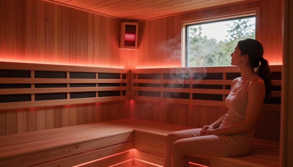 A tranquil infrared sauna, featuring sleek wooden panels and glowing red lights, emits a warm, inviting ambiance. In the foreground, a person dressed in modest athletic wear is seated, appearing relaxed and enjoying the soothing heat. The middle section shows the infrared heaters mounted on the wooden walls, softly illuminating the space with a gentle glow. In the background, a window reveals a serene outdoor view, integrating nature for a peaceful atmosphere. The lighting is warm and soft, creating a calming effect, while a slight steam effect enhances the sauna’s warmth. The overall mood is serene and restorative, capturing the essence of wellness and relaxation in an infrared sauna setting.