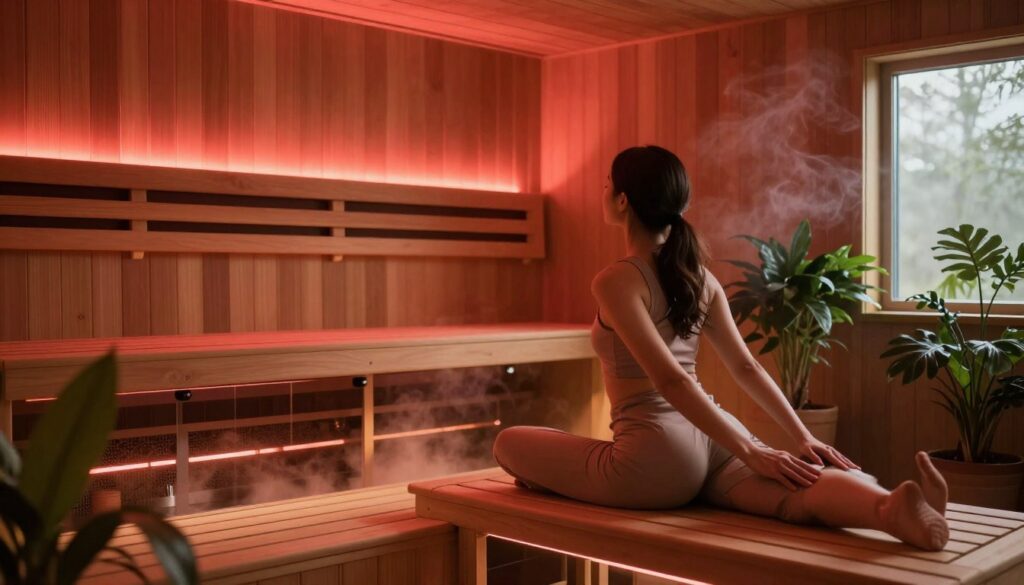A tranquil infrared sauna setting, featuring a serene interior with warm wooden panels and glowing infrared heaters in the background. In the foreground, a calm individual dressed in modest athletic wear is preparing for their session, stretching gently on a low wooden bench. Soft, ambient lighting bathes the room in a soothing red hue, while the subtle steam from a nearby water dispenser adds a touch of warmth to the atmosphere. A few lush green plants are positioned to enhance relaxation, and the background has a softly glowing window that implies natural light filtering in. The angle captures the depth of the sauna, emphasizing its inviting warmth and peaceful ambiance, perfect for promoting relaxation and well-being.