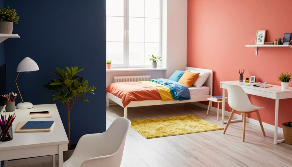 A vibrant youth room showcasing bold contrasts, featuring sleek white furniture against striking wall colors like deep navy and bright coral. The foreground includes a stylish desk with art supplies and a lively plant, while stylish geometric patterns adorn the walls. In the middle ground, a cozy bed with colorful bedding contrasts with a bright rug. The background reveals an oversized window with natural light pouring in, enhancing the dynamic atmosphere. Use soft, diffused lighting to create a warm and inviting feel, captured from a slightly elevated angle to highlight the room's layout. The mood is energetic yet balanced, perfect for a creative and lively space designed for a teenager.