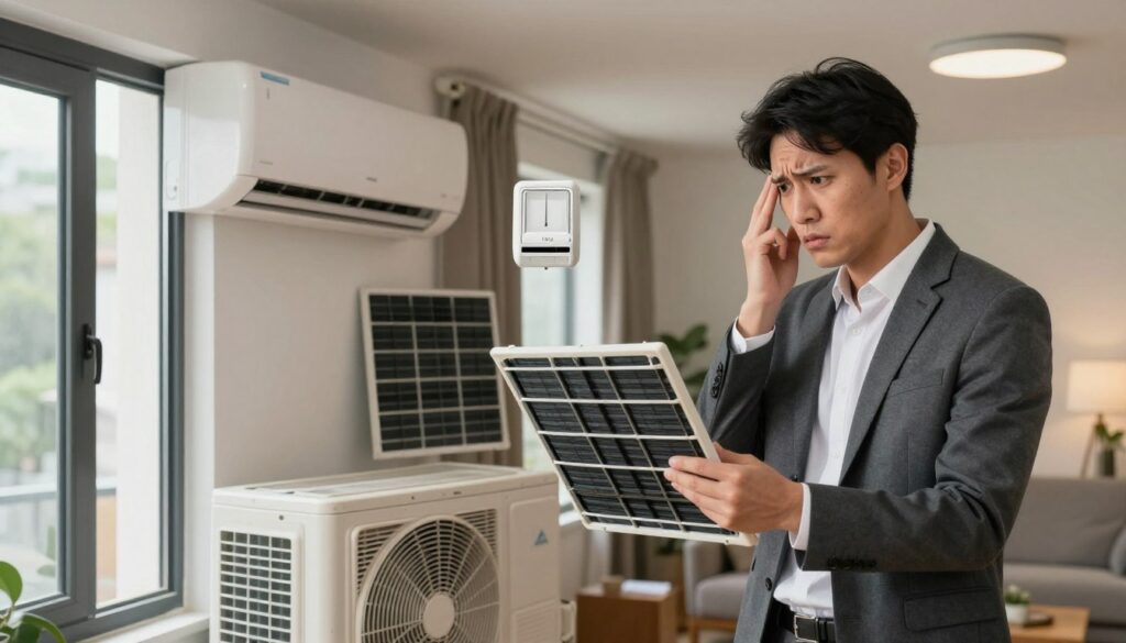 A visually engaging composition illustrating common mistakes users make that reduce air conditioner efficiency. In the foreground, depict a confused homeowner in professional attire examining a malfunctioning air conditioning unit with a puzzled expression. In the middle ground, showcase various common error scenarios: an open window beside the unit, a thermostat set too low, and a dirty air filter. In the background, include a domestic living space with dim, natural lighting, highlighting the contrast between comfort and energy waste. Use a slightly blurred focus on the background to draw attention to the mistakes in the middle ground. The atmosphere should evoke a sense of concern about energy inefficiency while still being informative and approachable. A visually engaging composition illustrating common mistakes users make that reduce air conditioner efficiency. In the foreground, depict a confused homeowner in professional attire examining a malfunctioning air conditioning unit with a puzzled expression. In the middle ground, showcase various common error scenarios: an open window beside the unit, a thermostat set too low, and a dirty air filter. In the background, include a domestic living space with dim, natural lighting, highlighting the contrast between comfort and energy waste. Use a slightly blurred focus on the background to draw attention to the mistakes in the middle ground. The atmosphere should evoke a sense of concern about energy inefficiency while still being informative and approachable.
