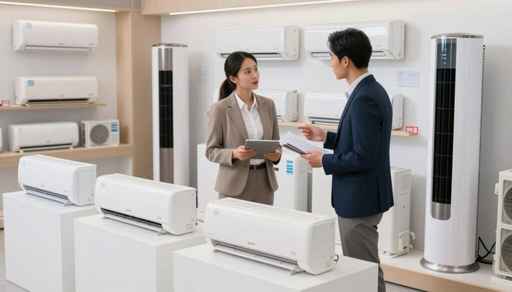A visually informative scene depicting the costs of air conditioning units based on different equipment classes. In the foreground, showcase various air conditioning units—ranging from basic models to high-end systems—displayed on sleek pedestals. In the middle ground, a diverse group of two professionals in business attire discuss specifications and prices, with documents and a tablet in their hands. The background features a bright, modern retail environment with soft, diffused lighting, highlighting the units. Use a slight overhead angle to capture both the products and the discussion. Aim for a professional, informative atmosphere, emphasizing the financial implications of purchasing air conditioning systems, while avoiding clutter in the setting. A visually informative scene depicting the costs of air conditioning units based on different equipment classes. In the foreground, showcase various air conditioning units—ranging from basic models to high-end systems—displayed on sleek pedestals. In the middle ground, a diverse group of two professionals in business attire discuss specifications and prices, with documents and a tablet in their hands. The background features a bright, modern retail environment with soft, diffused lighting, highlighting the units. Use a slight overhead angle to capture both the products and the discussion. Aim for a professional, informative atmosphere, emphasizing the financial implications of purchasing air conditioning systems, while avoiding clutter in the setting.