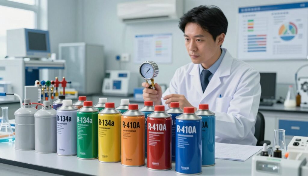 A visually striking depiction of various refrigerants used in air conditioning, showcasing distinct types in a scientific setting. In the foreground, feature colorful cans labeled with common refrigerant names, like R-134a and R-410A, arranged neatly on a laboratory table. In the middle ground, illustrate a technician in a business casual outfit, examining the cans with a gauge in hand, signaling professionalism. The background should be a high-tech lab environment, with equipment and charts related to environmental impact visible on the walls. Soft, natural lighting enhances the mood, creating a sense of awareness and responsibility towards environmental sustainability. Compose the scene from a slightly elevated angle to provide depth and clarity, inviting the viewer into this informative space.