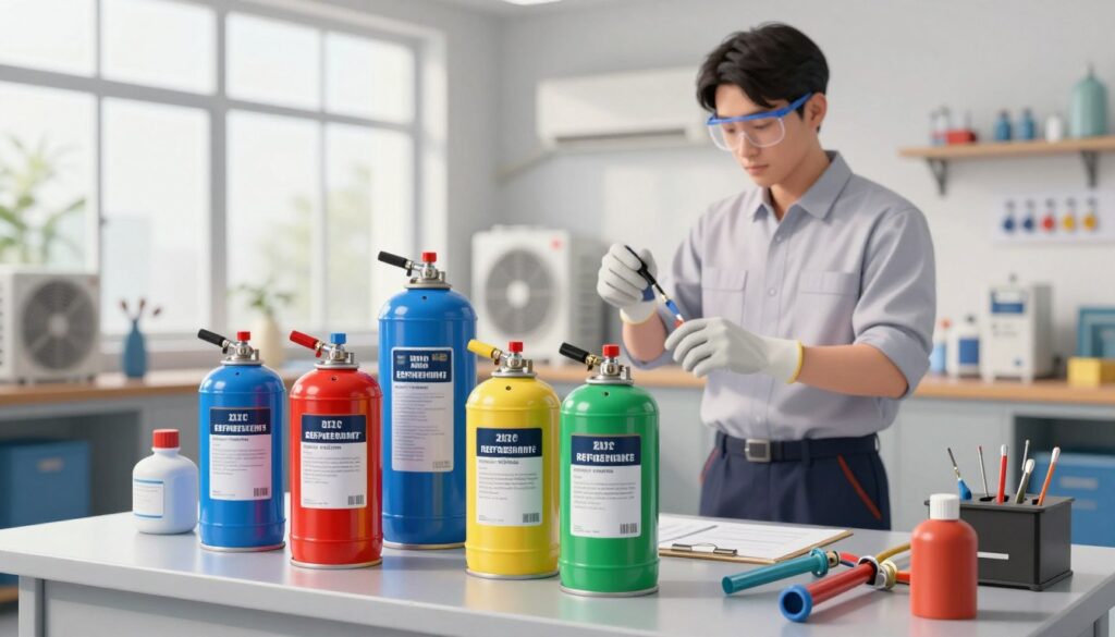 A visually striking, detailed illustration of various refrigerants used in air conditioning systems. In the foreground, showcase colorful refrigerant canisters, their labels clearly visible, arranged on a clean, professional workbench. In the middle ground, include a technician in a business casual shirt and safety gloves, demonstrating proper handling techniques with a focus on safety. The background should depict a well-organized workshop with tools and equipment relevant to HVAC services, softly illuminated by bright, natural light coming through large windows. The atmosphere should convey professionalism and technical precision, emphasizing the importance of refrigerants in HVAC service and their impact on timing and cost efficiency.