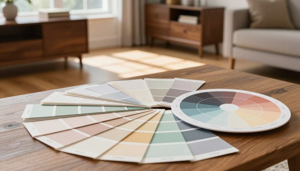 A visually striking image showcasing a harmonious color palette ideal for home decor, featuring soothing pastel shades and balanced earth tones. The foreground features an array of paint swatches elegantly arranged on a wooden table, with a color wheel beside them, showcasing combinations suited for dark furniture against light flooring. In the middle ground, soft natural light filters through a window, casting delicate shadows. The background consists of a beautifully designed living room scene, complementing the swatches with dark wooden furniture and a light-colored wooden floor, creating a serene and inviting atmosphere. The overall mood is calming and inspiring, aimed at novice decorators seeking guidance in color selection for interior design.