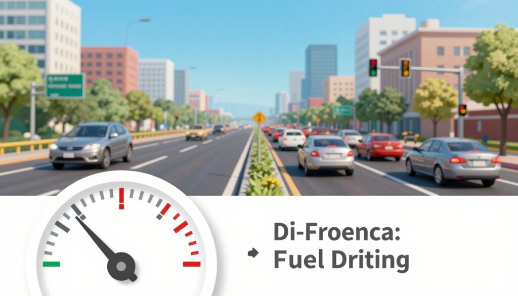 A visually striking infographic that illustrates the differences in fuel consumption based on driving conditions. In the foreground, depict a fuel gauge showing varying levels of fuel consumption. In the middle ground, illustrate a split scene featuring different driving conditions: on one side, a smooth highway with a car cruising at high speed, and on the other side, a congested city street with a car idling at traffic lights. The background should include a clear blue sky and urban elements like buildings, trees, and road signs. Use bright, vibrant colors to create an informative yet engaging atmosphere. Soft, natural lighting should enhance the scene, highlighting the contrast between the serene highway and the busy city traffic.