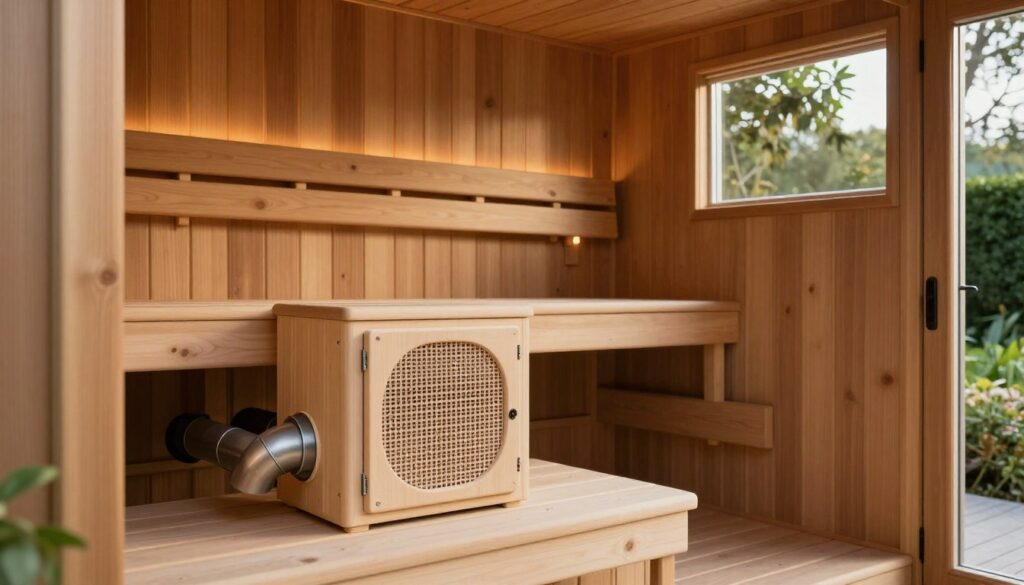A well-designed sauna ventilation system prominently displayed in the foreground, showcasing various air ducts and vents intricately integrated into the wooden structure of the sauna. The middle scene features the interior of the sauna, with warm-toned wooden benches and panels, providing a cozy atmosphere. Soft lighting gently illuminates the space, emphasizing the texture of the wood and the functional aspects of the ventilation system. In the background, a window reveals a serene outdoor garden, hinting at the sauna's location. The overall mood is calm and inviting, suggesting relaxation and well-being. Capture this scene with a slight perspective angle, as if looking into the sauna from the entrance, highlighting the harmonious blend of design and functionality. A well-designed sauna ventilation system prominently displayed in the foreground, showcasing various air ducts and vents intricately integrated into the wooden structure of the sauna. The middle scene features the interior of the sauna, with warm-toned wooden benches and panels, providing a cozy atmosphere. Soft lighting gently illuminates the space, emphasizing the texture of the wood and the functional aspects of the ventilation system. In the background, a window reveals a serene outdoor garden, hinting at the sauna's location. The overall mood is calm and inviting, suggesting relaxation and well-being. Capture this scene with a slight perspective angle, as if looking into the sauna from the entrance, highlighting the harmonious blend of design and functionality.
