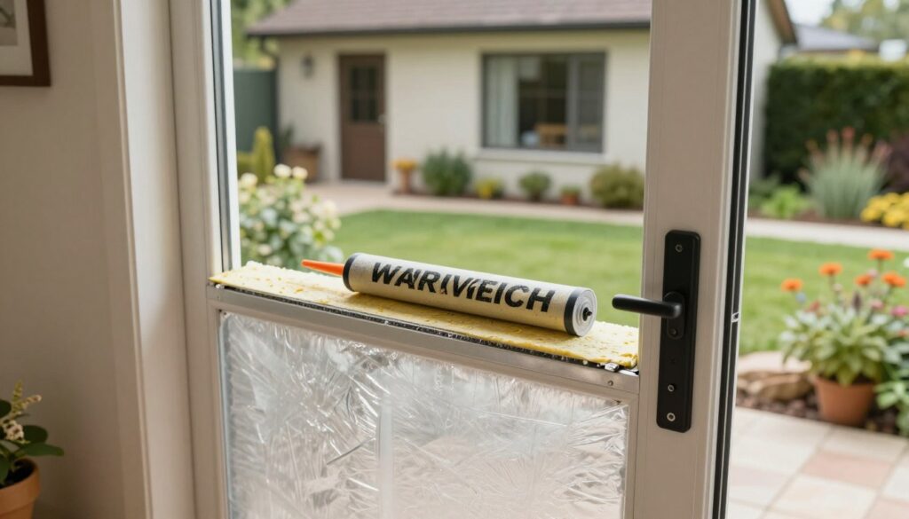A well-insulated external door in a cozy home setting, showcasing effective weatherproofing methods. In the foreground, visualize the door fitted with insulated panels and weather stripping. The middle layer features tools like a caulking gun and insulation materials, illustrating the process of sealing gaps efficiently. In the background, the house is surrounded by a tranquil garden, with soft, natural lighting emphasizing a warm and inviting atmosphere. Use a slightly elevated angle to capture the door and materials vividly, while highlighting the attention to detail in the insulation work. Aim for a professional, informative yet approachable mood, suitable for an instructional context.