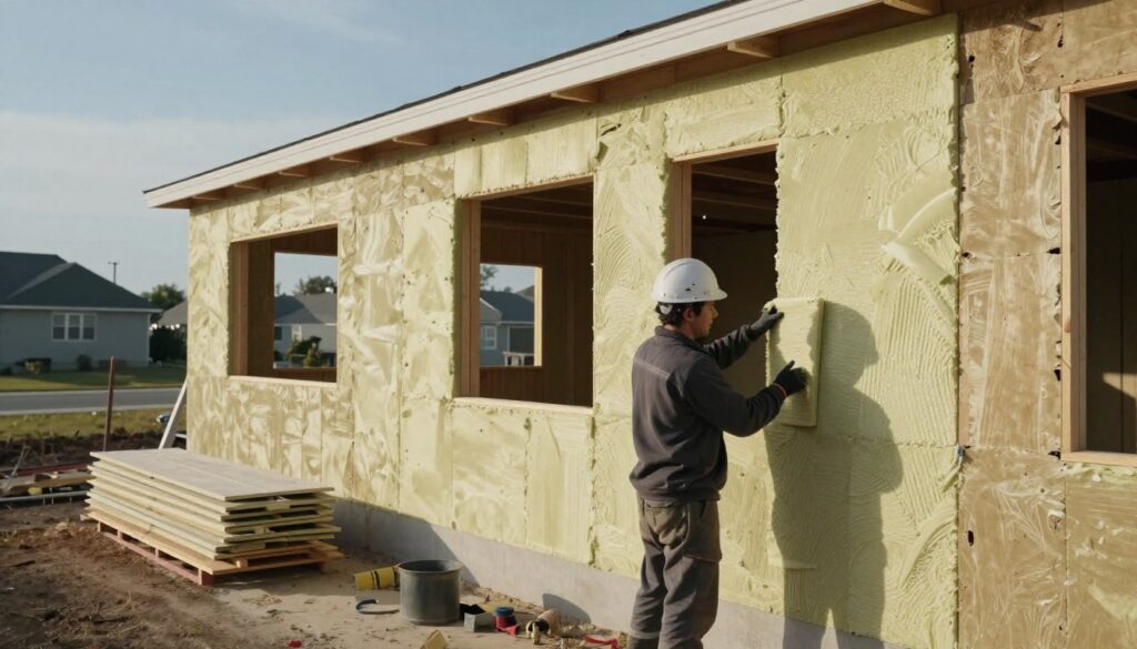 A well-insulated house being constructed, showcasing the process of applying styrofoam insulation on the exterior walls. In the foreground, a skilled worker in a hard hat and professional attire applies the insulation with precision. The middle ground features partially completed walls with stacked materials like styrofoam boards and tools scattered about. The background reveals a suburban setting with neighboring houses and a clear blue sky. Soft natural lighting highlights the textures of the insulation and the wooden structure of the house, casting gentle shadows that emphasize depth. The atmosphere is industrious yet organized, reflecting the importance of proper sequence in construction workflows for cost efficiency. A well-insulated house being constructed, showcasing the process of applying styrofoam insulation on the exterior walls. In the foreground, a skilled worker in a hard hat and professional attire applies the insulation with precision. The middle ground features partially completed walls with stacked materials like styrofoam boards and tools scattered about. The background reveals a suburban setting with neighboring houses and a clear blue sky. Soft natural lighting highlights the textures of the insulation and the wooden structure of the house, casting gentle shadows that emphasize depth. The atmosphere is industrious yet organized, reflecting the importance of proper sequence in construction workflows for cost efficiency.
