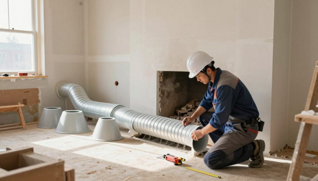 A well-lit construction site showcasing the installation of air intake ducts for a fireplace. In the foreground, a skilled technician wearing a hard hat and professional work attire is carefully connecting a flexible duct to a pre-installed air vent, using tools and measuring equipment. The middle ground features various components of the air intake system, like ductwork and ventilation covers, neatly arranged around the workspace. The background shows completed interior walls with finishing touches, emphasizing the stage of finishing work. Natural light streams in from a nearby window, creating a warm and inviting atmosphere, capturing a sense of progress and professionalism in home construction. A well-lit construction site showcasing the installation of air intake ducts for a fireplace. In the foreground, a skilled technician wearing a hard hat and professional work attire is carefully connecting a flexible duct to a pre-installed air vent, using tools and measuring equipment. The middle ground features various components of the air intake system, like ductwork and ventilation covers, neatly arranged around the workspace. The background shows completed interior walls with finishing touches, emphasizing the stage of finishing work. Natural light streams in from a nearby window, creating a warm and inviting atmosphere, capturing a sense of progress and professionalism in home construction.