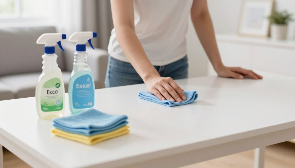 A well-lit indoor scene depicting the preparation of a matte white furniture surface for cleaning. In the foreground, a set of soft cleaning cloths and eco-friendly cleaning solutions are arranged neatly, showcasing an organized approach to the task. In the middle, a person wearing modest casual clothing, such as a simple t-shirt and jeans, is gently wiping down a white matte table with a microfiber cloth, exhibiting careful attention to detail. The background features a softly illuminated living room with natural light streaming in from a window, highlighting the purity and elegance of the white furniture. The atmosphere feels fresh and serene, promoting a clean, inviting space ready for maintenance. The overall image should resonate with a sense of cleanliness and preparation without any text or distractions.