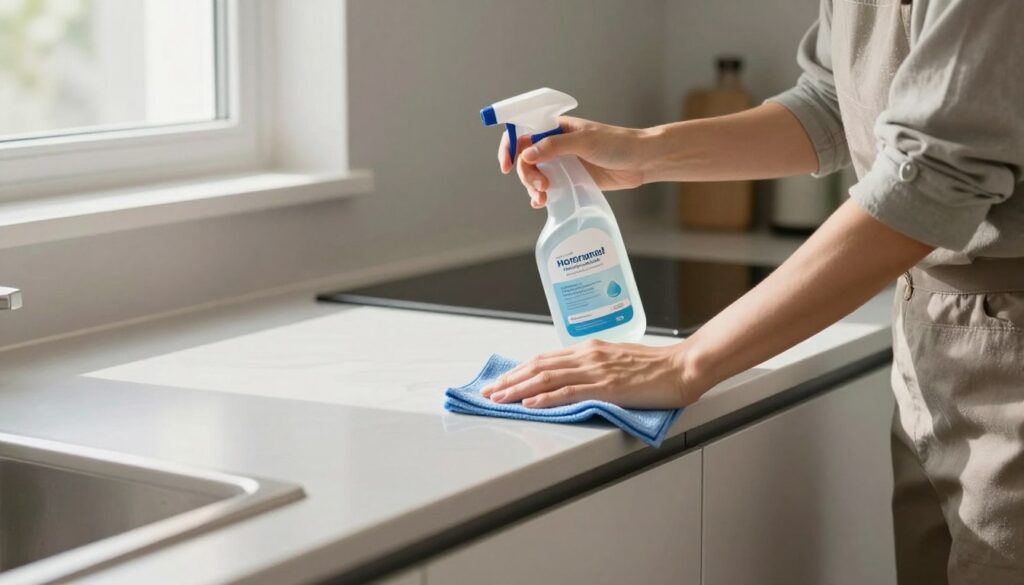 A well-lit modern kitchen with smooth matte cabinets, showcasing a professional cleaner attentively wiping down the surfaces. In the foreground, the cleaner, dressed in smart casual attire, uses a microfiber cloth to carefully demonstrate effective cleaning techniques, ensuring no streaks or glossiness on the matte finish. In the middle, focused on the cleaning action, a spray bottle is visible, labeled clearly with common cleaning solutions recommended for matte surfaces. In the background, soft natural light filters through a window, casting gentle shadows that create a calm and organized atmosphere. The overall mood portrays precision and care in maintaining the cleanliness of matte kitchen furniture, emphasizing the importance of avoiding common pitfalls in the cleaning process.