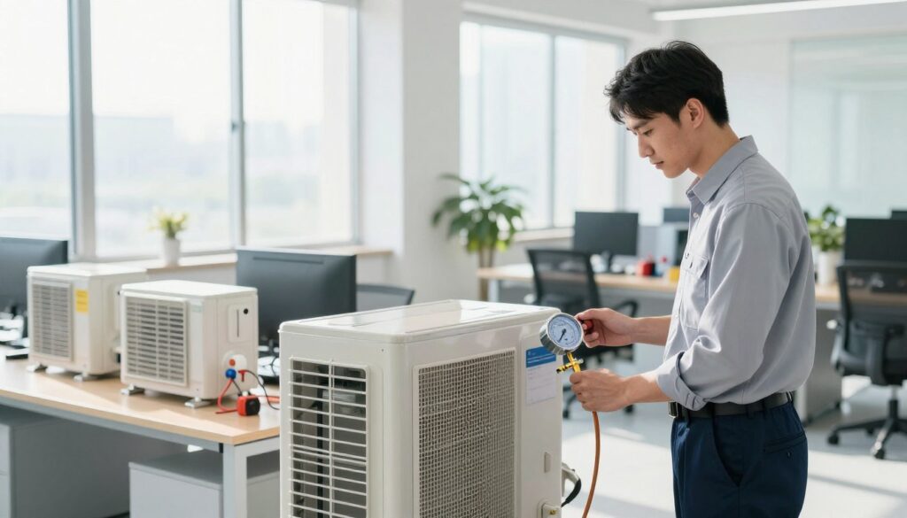 A well-maintained air conditioning unit in a bright, modern office setting. In the foreground, a professional technician, dressed in a neatly pressed shirt and slacks, carefully inspects the air conditioning system, using a gauge to check refrigerant levels. In the middle ground, an array of air conditioning components and tools are organized neatly on a workbench, showing a commitment to maintenance. The background features large windows allowing natural light to flood the space, enhancing a clean and efficient atmosphere. Soft shadows create a tranquil mood, while the focus remains sharp on the technician and the air conditioning unit. The composition is balanced to convey professionalism and expertise in HVAC maintenance throughout the year.