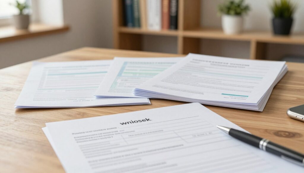 A well-organized desk scene featuring a neatly arranged set of documents related to energy vouchers. In the foreground, showcase a close-up of a formal application form labeled "wniosek," with a pen lying beside it. The middle layer includes a stack of official papers, such as identification documents and evidence of energy bills, highlighting their importance. The background shows a soft-focus view of a cozy home office with warm lighting, wooden shelves filled with books, and a potted plant adding a touch of greenery. The atmosphere should convey a sense of professionalism and preparedness, inviting the viewer to engage with the process of document preparation. Use natural light to enhance the warmth and clarity of the scene. A well-organized desk scene featuring a neatly arranged set of documents related to energy vouchers. In the foreground, showcase a close-up of a formal application form labeled "wniosek," with a pen lying beside it. The middle layer includes a stack of official papers, such as identification documents and evidence of energy bills, highlighting their importance. The background shows a soft-focus view of a cozy home office with warm lighting, wooden shelves filled with books, and a potted plant adding a touch of greenery. The atmosphere should convey a sense of professionalism and preparedness, inviting the viewer to engage with the process of document preparation. Use natural light to enhance the warmth and clarity of the scene.