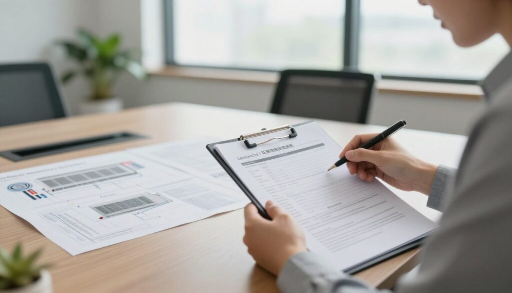 A well-organized office environment focused on air conditioning installation compliance. In the foreground, a professional wearing business attire is reviewing a set of regulations and installation guidelines on a clipboard. In the middle ground, a detailed diagram of air conditioning unit specifications and legal requirements is spread out on a conference table. The background features a large window allowing soft natural light to illuminate the scene, highlighting architectural elements like walls and office plants, creating a calm and focused atmosphere. The lens angle captures the workspace from a slight overhead perspective, showcasing both the technical documents and the individual engaged in studying them, emphasizing the importance of legal and technical prerequisites in the installation process.