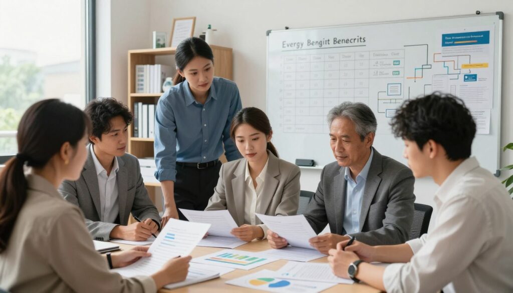 A well-organized office setting featuring a diverse group of professionals engaged in a discussion about energy benefits application timelines and rules. In the foreground, a diverse team of five individuals, dressed in smart business attire, review documents and charts on a table. The middle ground includes a large whiteboard filled with important dates and guidelines, alongside visual aids like flowcharts. The background showcases shelves filled with energy-related materials and a large window letting in soft, natural light, creating a bright and open atmosphere. The composition is warm and inviting, conveying a sense of teamwork and focus. Use a soft-focus effect to emphasize the professionals while maintaining clarity in documents and charts, photographed from a slightly elevated angle to capture the entire scene. A well-organized office setting featuring a diverse group of professionals engaged in a discussion about energy benefits application timelines and rules. In the foreground, a diverse team of five individuals, dressed in smart business attire, review documents and charts on a table. The middle ground includes a large whiteboard filled with important dates and guidelines, alongside visual aids like flowcharts. The background showcases shelves filled with energy-related materials and a large window letting in soft, natural light, creating a bright and open atmosphere. The composition is warm and inviting, conveying a sense of teamwork and focus. Use a soft-focus effect to emphasize the professionals while maintaining clarity in documents and charts, photographed from a slightly elevated angle to capture the entire scene.