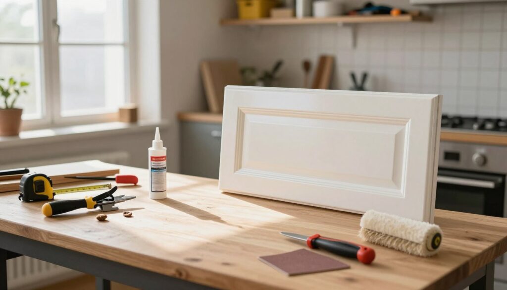 A well-organized workspace featuring essential tools for working with kitchen furniture that has grooves. In the foreground, a wooden workbench is scattered with a variety of hand tools: a precision cutter, a measuring tape, wood adhesive, a utility knife, sandpaper, and a roller brush. The middle ground includes a partially wrapped kitchen cabinet door with decorative grooves, showcasing a glossy vinyl film being applied. Bright, diffused daylight filters through a nearby window, casting soft shadows and creating an inviting atmosphere. The background consists of neatly arranged workshop storage, with shelves holding additional tools and materials. The overall mood is professional and focused, reflecting a creative environment dedicated to furniture restoration and customization. A well-organized workspace featuring essential tools for working with kitchen furniture that has grooves. In the foreground, a wooden workbench is scattered with a variety of hand tools: a precision cutter, a measuring tape, wood adhesive, a utility knife, sandpaper, and a roller brush. The middle ground includes a partially wrapped kitchen cabinet door with decorative grooves, showcasing a glossy vinyl film being applied. Bright, diffused daylight filters through a nearby window, casting soft shadows and creating an inviting atmosphere. The background consists of neatly arranged workshop storage, with shelves holding additional tools and materials. The overall mood is professional and focused, reflecting a creative environment dedicated to furniture restoration and customization.