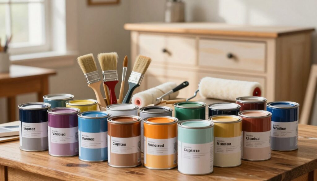 A well-organized workspace showcasing an array of furniture paints designed for veneered surfaces. In the foreground, feature a variety of paint cans in vibrant colors, each labeled clearly, aligned neatly on a wooden table. The middle section displays an assortment of paintbrushes, rollers, and tools used for furniture painting. In the background, softly blurred, include a partially painted veneered piece of furniture, such as a dresser or table, highlighting the transformation process. The lighting is warm and inviting, emanating from a nearby window, casting gentle shadows. The overall mood is creative and inspiring, encouraging DIY enthusiasts to explore furniture painting techniques. The image should be vibrant, with clear attention to detail, making it perfect for an article focused on furniture refinishing.