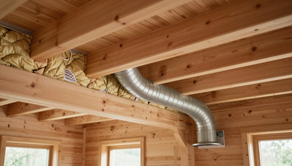 A well-ventilated wooden interior of a cozy cottage, designed for optimal moisture protection. In the foreground, showcase a detailed view of modern ventilation ducts integrated seamlessly into wooden beams. The middle ground features insulation materials arranged correctly between the wooden panels, emphasizing warmth and humidity control. In the background, soft, natural lighting filters through small windows, casting gentle shadows, creating a warm and inviting atmosphere. The angle should give a slightly elevated view to capture both the ventilation system and insulation layers effectively. The overall mood is serene and professional, reflecting a harmonious balance between nature and modern comfort.