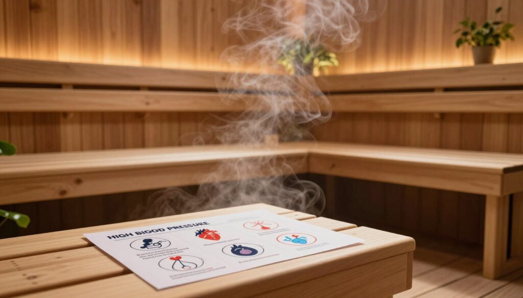 A wellness-focused indoor sauna setting showcasing various health contraindications for sauna use. Foreground: a printed infographic with clear icons representing health conditions like high blood pressure, heart issues, and respiratory problems, placed on a wooden sauna bench. Middle: a cozy sauna room made of warm wood, with steam gently rising, soft lighting creating a calming atmosphere. Background: wooden walls adorned with soft green plants, enhancing the serenity of the space. The scene is well-lit with warm, natural light to evoke a sense of relaxation and safety while maintaining a professional tone. The overall mood is informative and serene, emphasizing health awareness without human subjects.
