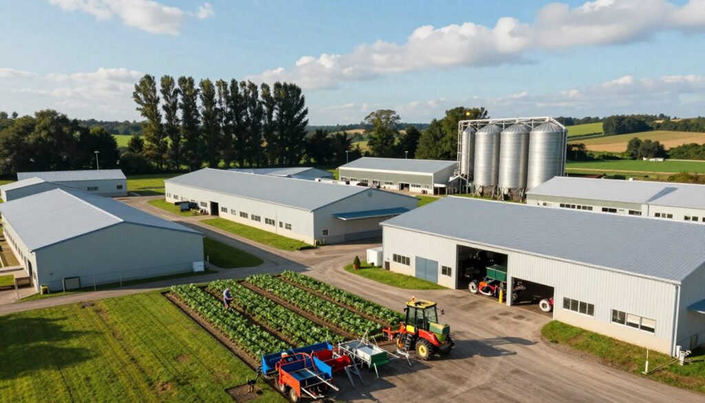 A wide-angle view of a modern industrial facility surrounded by lush greenery, showcasing a variety of agricultural and utility buildings, such as barns, warehouses, and silos. The foreground features neatly arranged farming equipment and tools, emphasizing the agricultural aspect. In the middle, a farmer in professional attire inspects the crops, while in the background, tall trees and rolling hills provide a serene landscape, under a bright blue sky. Soft sunlight casts natural shadows, creating a warm and inviting atmosphere. The scene conveys the idea of efficiency and sustainability in agricultural operations, highlighting the concept of exemptions from certification for economic structures. The overall mood is calm and productive, illustrating the harmony between industry and nature.