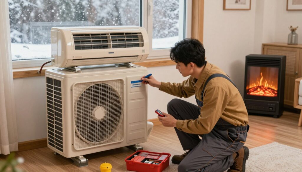 A winter preparation scene for an air conditioning unit set inside a cozy home. In the foreground, a professional technician in smart casual clothing inspects the air conditioning unit, equipped with tools like a thermometer and a maintenance kit. In the middle ground, the air conditioning unit is shown with detachable panels and filters arranged neatly beside it, showcasing its winter preparations. The background features a softly lit room with frosted windows, snow gently falling outside, and a warm glow from an electric heater, creating a contrast between the chilly outside and the warm indoors. The atmosphere is informative yet inviting, emphasizing the importance of preparing equipment for winter use. The image is well-composed to highlight the subject with natural lighting and a slightly elevated angle for depth. A winter preparation scene for an air conditioning unit set inside a cozy home. In the foreground, a professional technician in smart casual clothing inspects the air conditioning unit, equipped with tools like a thermometer and a maintenance kit. In the middle ground, the air conditioning unit is shown with detachable panels and filters arranged neatly beside it, showcasing its winter preparations. The background features a softly lit room with frosted windows, snow gently falling outside, and a warm glow from an electric heater, creating a contrast between the chilly outside and the warm indoors. The atmosphere is informative yet inviting, emphasizing the importance of preparing equipment for winter use. The image is well-composed to highlight the subject with natural lighting and a slightly elevated angle for depth.
