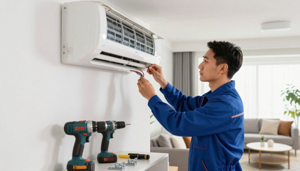 An HVAC technician wearing a professional uniform expertly installing a split air conditioning unit on an interior wall of a modern living room. In the foreground, tools and equipment are neatly arranged, including a drill and installation brackets. The middle ground features the technician, focusing on connecting pipes and wiring, with facial expressions of concentration and determination. The background shows a stylish living room setting with furniture and decor that suggests a comfortable home atmosphere. Natural light streams in from a nearby window, highlighting the technician’s meticulous work. The overall mood is professional and industrious, capturing the attention to detail required for an effective air conditioning installation.