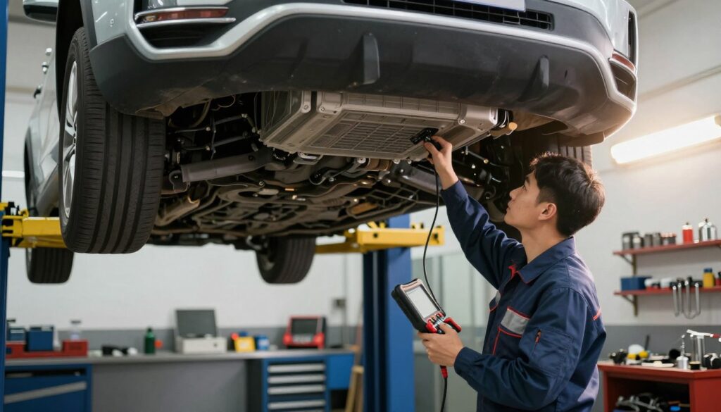 An automotive technician in a well-lit workshop is performing a thorough air conditioning system inspection on a modern vehicle. The foreground features the technician, a professional in a neat uniform, carefully examining the car's A/C components with diagnostic tools in hand. In the middle, the vehicle is elevated on a hydraulic lift, showing its underside and system parts, highlighting the detailed mechanics of the air conditioning unit. The background is filled with neatly organized tools and equipment, enhancing the sense of a professional environment. Soft, natural lighting from overhead fixtures casts a warm glow, creating a focused and industrious atmosphere. The image captures attention to detail and professionalism essential for a complete air conditioning service.