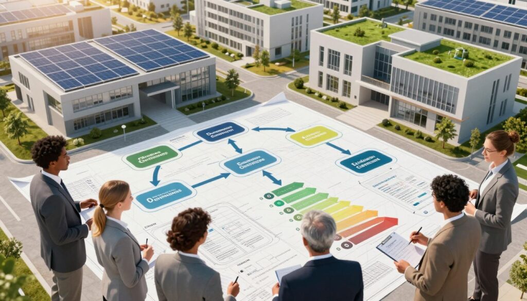 An educational pathway illustration focusing on the energy performance characteristics of buildings. In the foreground, a diverse group of professionals in business attire is engaged in a discussion around blueprints and energy efficiency models, showcasing teamwork and dedication. The middle ground features a detailed diagram depicting elements of energy certification processes, with arrows leading through various educational steps, such as workshops and certification exams. The background consists of modern buildings with solar panels and green roofs, symbolizing sustainable architecture. The scene is illuminated with warm, natural light to create an inviting atmosphere, viewed from a slightly elevated angle to capture the entire layout effectively.
