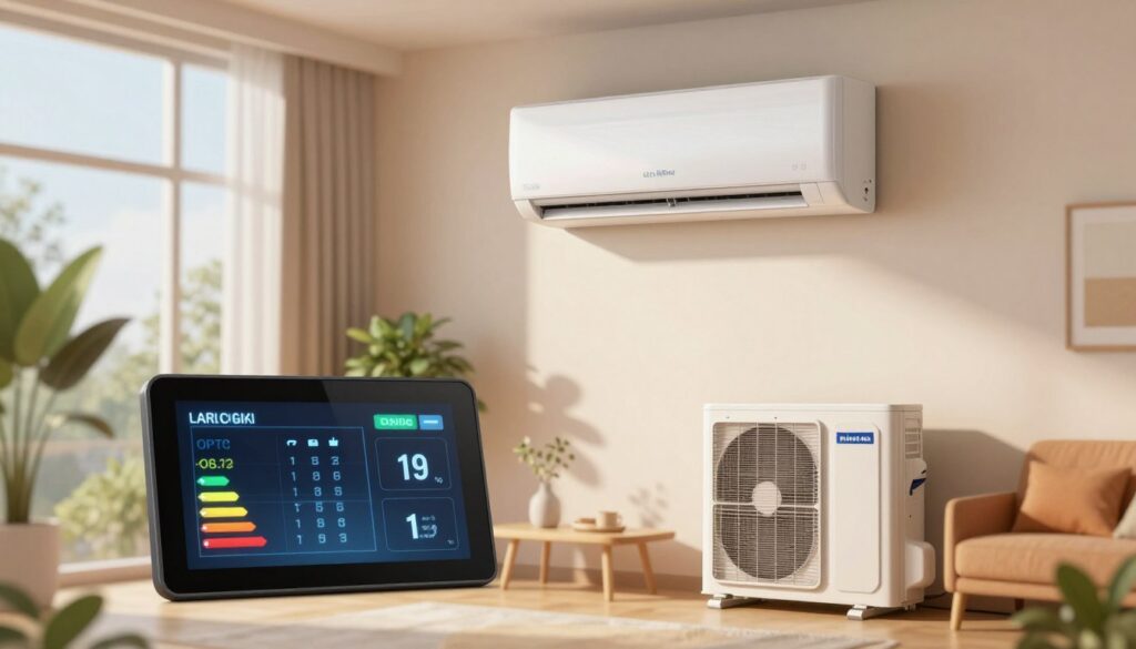 An illustration showing an air conditioning unit's cooling capacity calculations, set in a stylish, modern living room. In the foreground, a digital display shows numerical values related to cooling power, alongside energy efficiency ratings and dimension diagrams of an air conditioning system. The middle ground features a sleek, wall-mounted air conditioner, exuding a sense of contemporary design. The background includes large windows letting in diffused natural light, casting soft shadows, highlighting the room's modern decor with plants and furniture. Use a warm and inviting color palette to create a cozy atmosphere, with a shallow depth of field focusing on the air conditioning unit while softly blurring the surroundings. The scene should inspire professionalism and efficiency in choosing the right air conditioning system for home comfort.