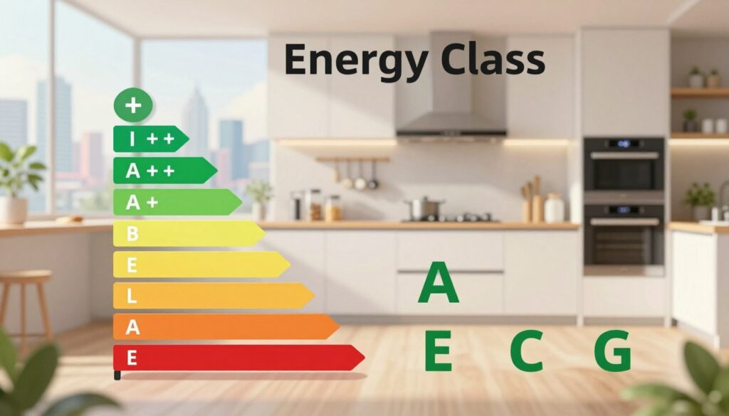 An informative and visually engaging illustration of energy class labels and their evolution over time. In the foreground, depict a clear, stylish representation of various energy class labels, showcasing the transition from plus symbols (A++, A+, A) to a straightforward letter grading system (A to G). In the middle ground, include a sleek, modern kitchen or living space that emphasizes energy efficiency, with subtle elements like energy-efficient appliances and LED lighting. The background should feature a soft-focus city skyline, hinting at smart city developments and sustainable living. The lighting should be bright and inviting, with a warm tone that evokes a sense of reliability and optimism. The mood should be professional but approachable, illustrating a balance between innovation and everyday life.