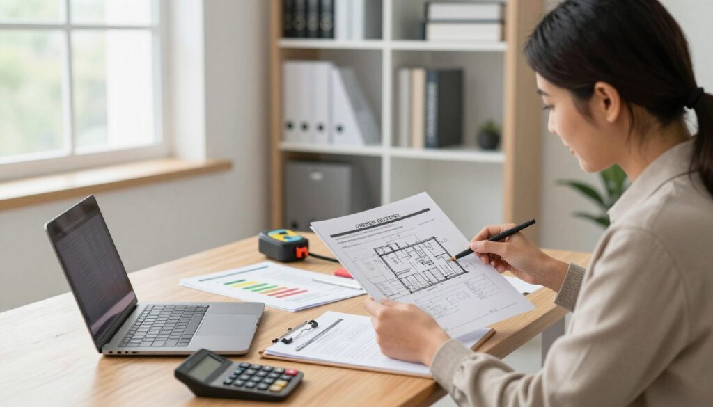 An intricate step-by-step illustration of the energy performance certificate preparation process. In the foreground, a professional in smart casual attire is seen examining building plans and official documents, surrounded by a laptop and a calculator. The middle layer features a neatly organized desk with energy efficiency charts, a measuring device, and a clipboard. In the background, a bright, well-lit office space with bookshelves lined with architectural references and energy regulations. Natural light filters through large windows, creating an inviting atmosphere. The scene has a sense of focus and professionalism, emphasizing the careful and systematic nature of the document preparation process.