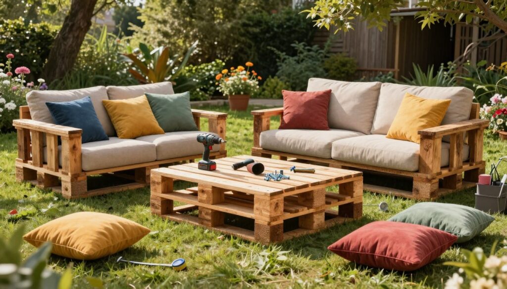 An outdoor scene showcasing a stylish and inviting set of pallet furniture, including a cozy sofa and a coffee table made of wooden pallets, arranged on a well-maintained lawn. In the foreground, the earthy tones of the recycled wood are accented by plush cushions in vibrant colors. The middle ground features essential tools for assembly, such as a power drill, screws, and sandpaper artistically placed around the furniture. In the background, lush greenery and blooming flowers create a serene atmosphere, with soft sunlight filtering through the trees, casting gentle shadows. The scene is captured from a slight angle, allowing for depth, with a warm and inviting mood perfect for outdoor relaxation. The overall composition conveys a sense of creativity and DIY spirit.