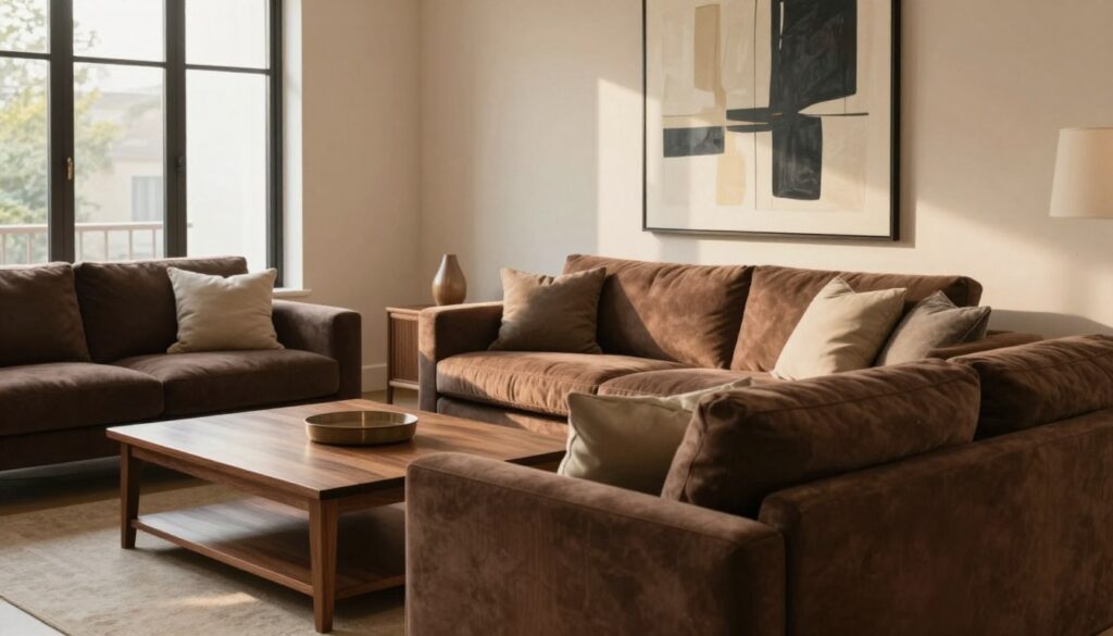 Elegant interior with rich brown furniture, showcasing a stylish living room. In the foreground, a plush, dark brown sofa accented with soft, neutral-colored cushions invites comfort. The middle ground features a polished wooden coffee table and a striking abstract art piece on the wall that enhances the atmosphere. Large windows let in warm, natural light, casting gentle shadows and highlighting the warm tones of the room. The background reveals a subtle, light beige wall that complements the dark wood, creating a harmonious contrast that brightens the space. Soft, diffused lighting contributes to a cozy and inviting ambiance, perfect for illustrating how wall colors can enhance the natural shades of dark wood furniture.