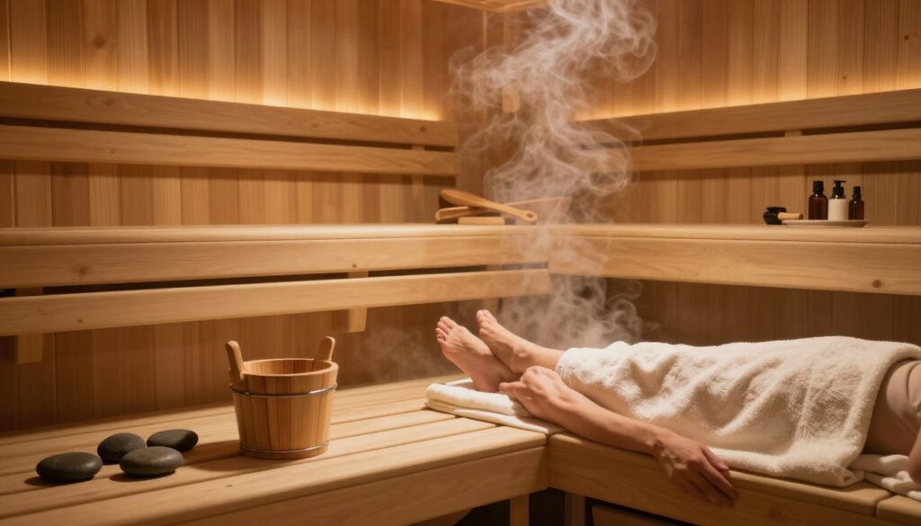Inside a serene dry sauna, the wooden interior features warm, golden tones of cedar benches and paneling that give a cozy atmosphere. In the foreground, a person in modest casual attire relaxes on a bench, surrounded by smooth stones and a small wooden bucket with towel, radiating tranquility. The middle ground captures gentle steam rising from a distant stone heater, suggesting the high temperature, while the warm glow of soft lighting creates a restful ambiance. In the background, wooden ladles and essential oil bottles provide an added sense of authenticity. The image should evoke a feeling of relaxation and well-being, with a focus on the soothing heat and the natural materials of the sauna. Inside a serene dry sauna, the wooden interior features warm, golden tones of cedar benches and paneling that give a cozy atmosphere. In the foreground, a person in modest casual attire relaxes on a bench, surrounded by smooth stones and a small wooden bucket with towel, radiating tranquility. The middle ground captures gentle steam rising from a distant stone heater, suggesting the high temperature, while the warm glow of soft lighting creates a restful ambiance. In the background, wooden ladles and essential oil bottles provide an added sense of authenticity. The image should evoke a feeling of relaxation and well-being, with a focus on the soothing heat and the natural materials of the sauna.