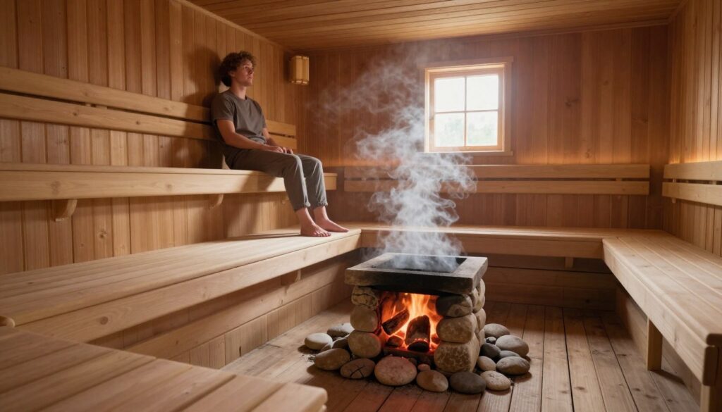 Inside a traditional Finnish sauna, the warm wooden interior features elegantly crafted benches made from light-colored wood. In the foreground, a person dressed in modest casual clothing sits peacefully on the upper bench, breathing in the steam that fills the air. The middle ground showcases a stone furnace with glowing embers, surrounded by smooth river stones, while the soft light casts gentle shadows throughout the space. In the background, a small wooden window allows a soft glow of natural light to seep in, enhancing the tranquil atmosphere. Wisps of steam rise and swirl around, creating a sense of warmth and relaxation. The overall mood is calm and inviting, emphasizing the cultural experience of sauna use.